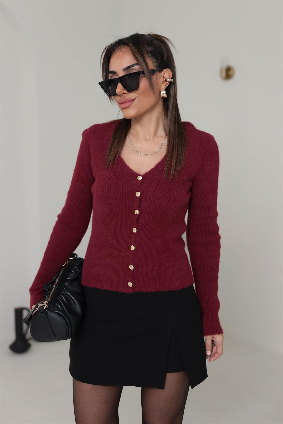 540K V Yaka Mini Düğmeli Yumoş Hırka BORDO