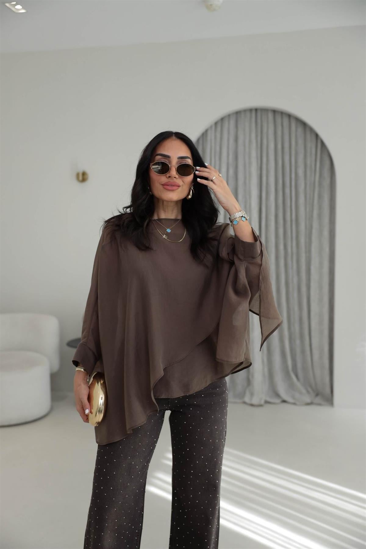 5026 Uçuşan Pelerin Bluz KAHVE