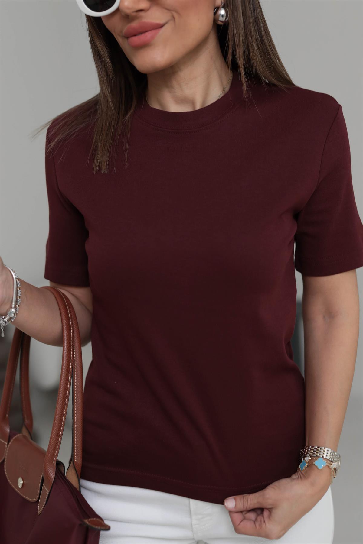 1075 Bisiklet Yaka Pamuklu Basic Tshirt BORDO