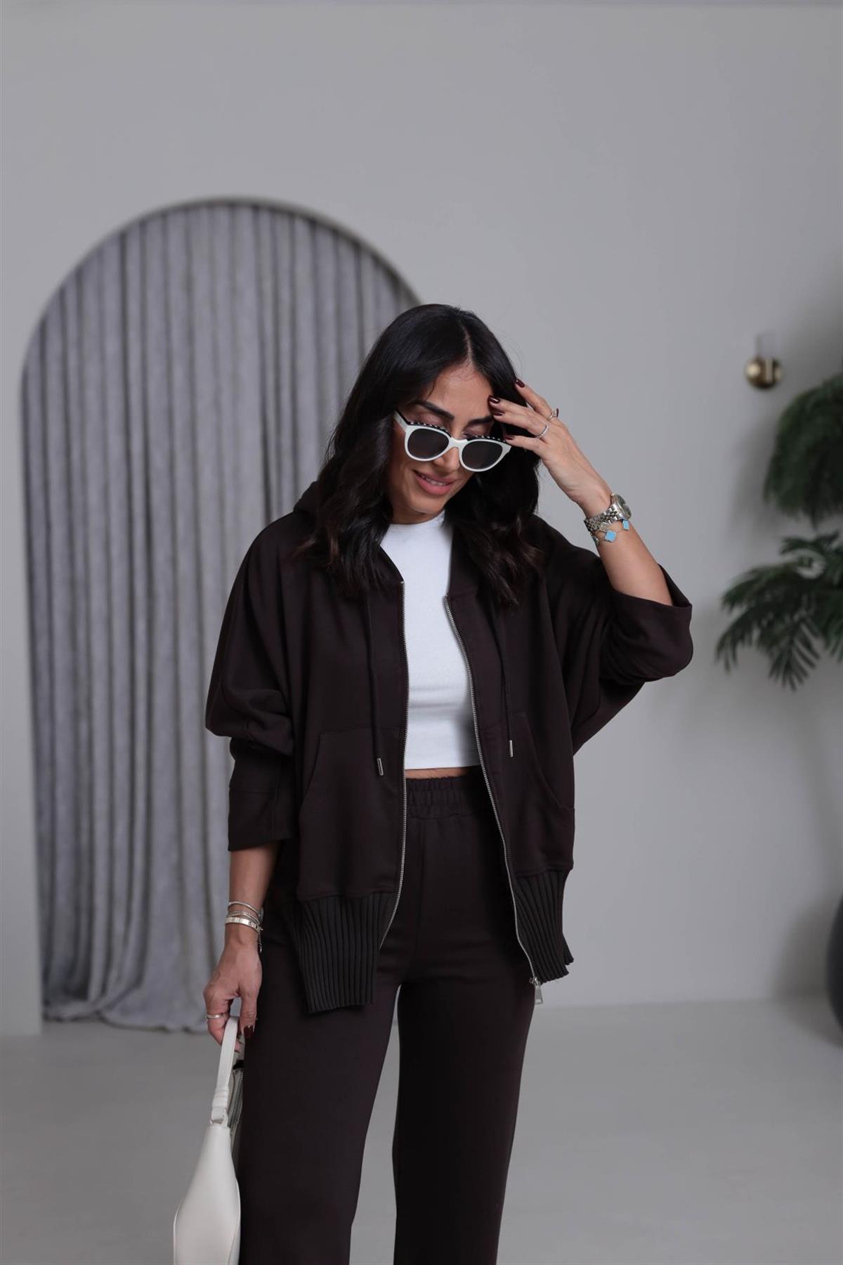 4038 Ribana Detay Fermuarlı Takım KAHVE