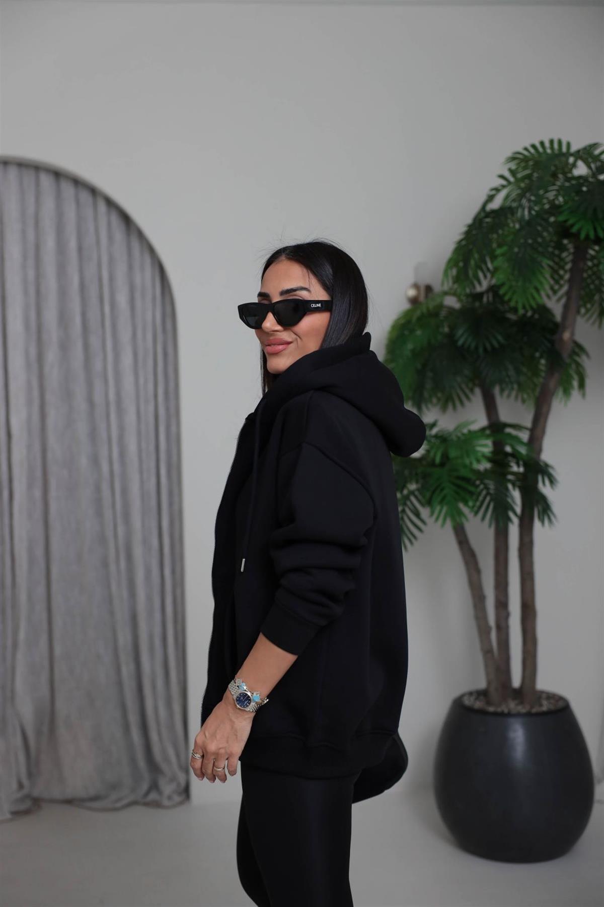 1003 3 İplik Şardonlu Kapşonlu Fermuarlı Ceket SİYAH