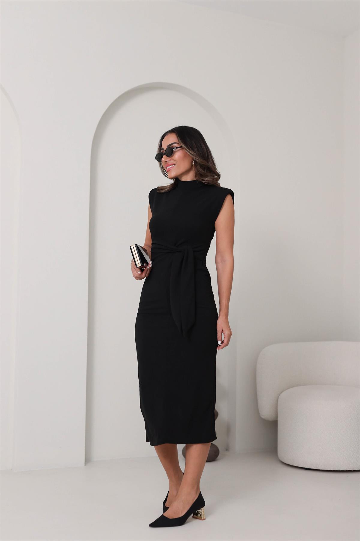 3582 Omuzları Vatkalı Bel Kuşaklı Elbise