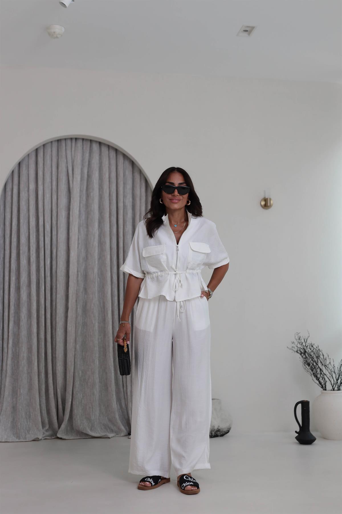 0343 Cep Kapaklı Bel Büzgülü Gömlek & Pantolon Takım EKRU