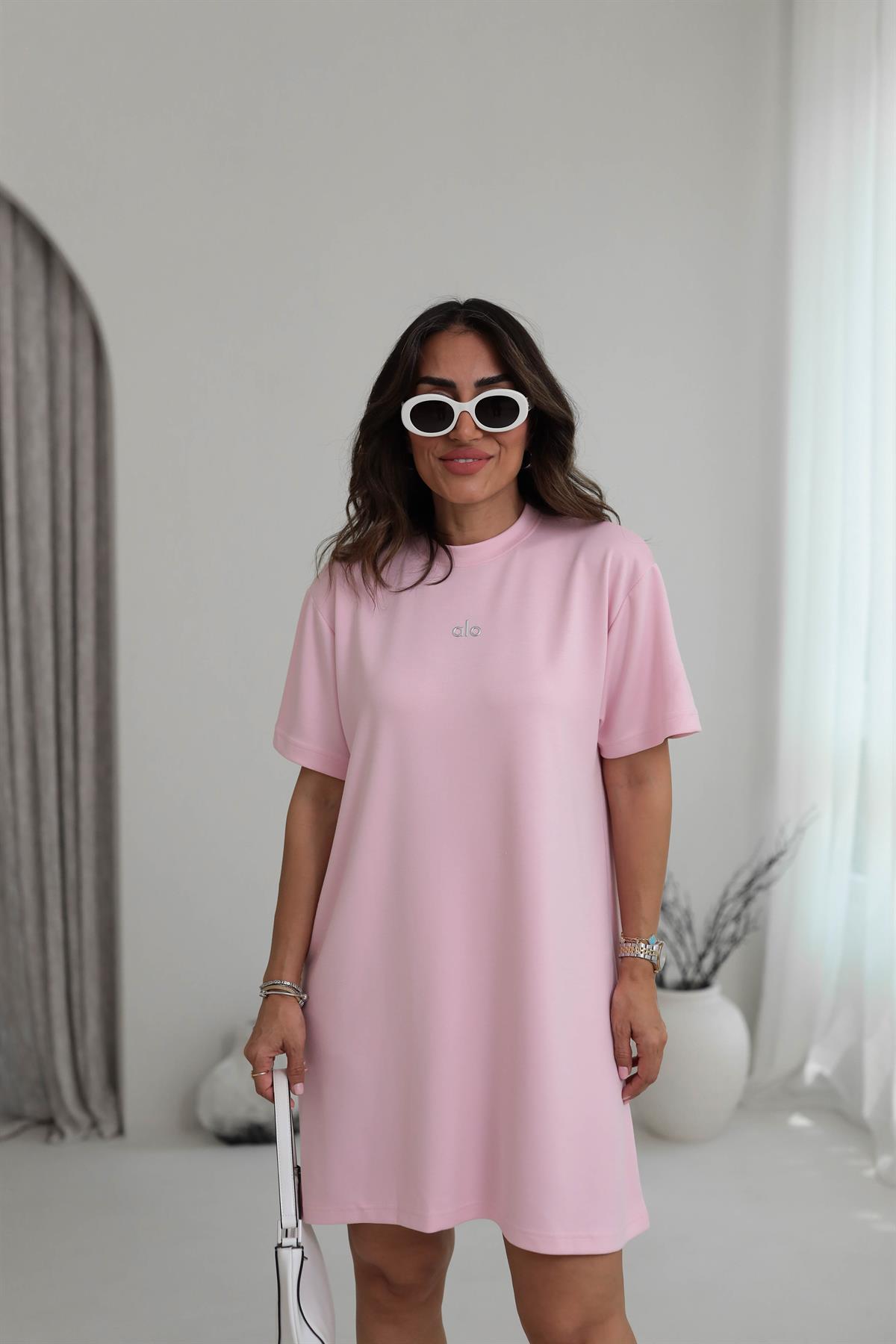 1570 Baskılı Modal Kumaş Rahat Kalıp Elbise PEMBE