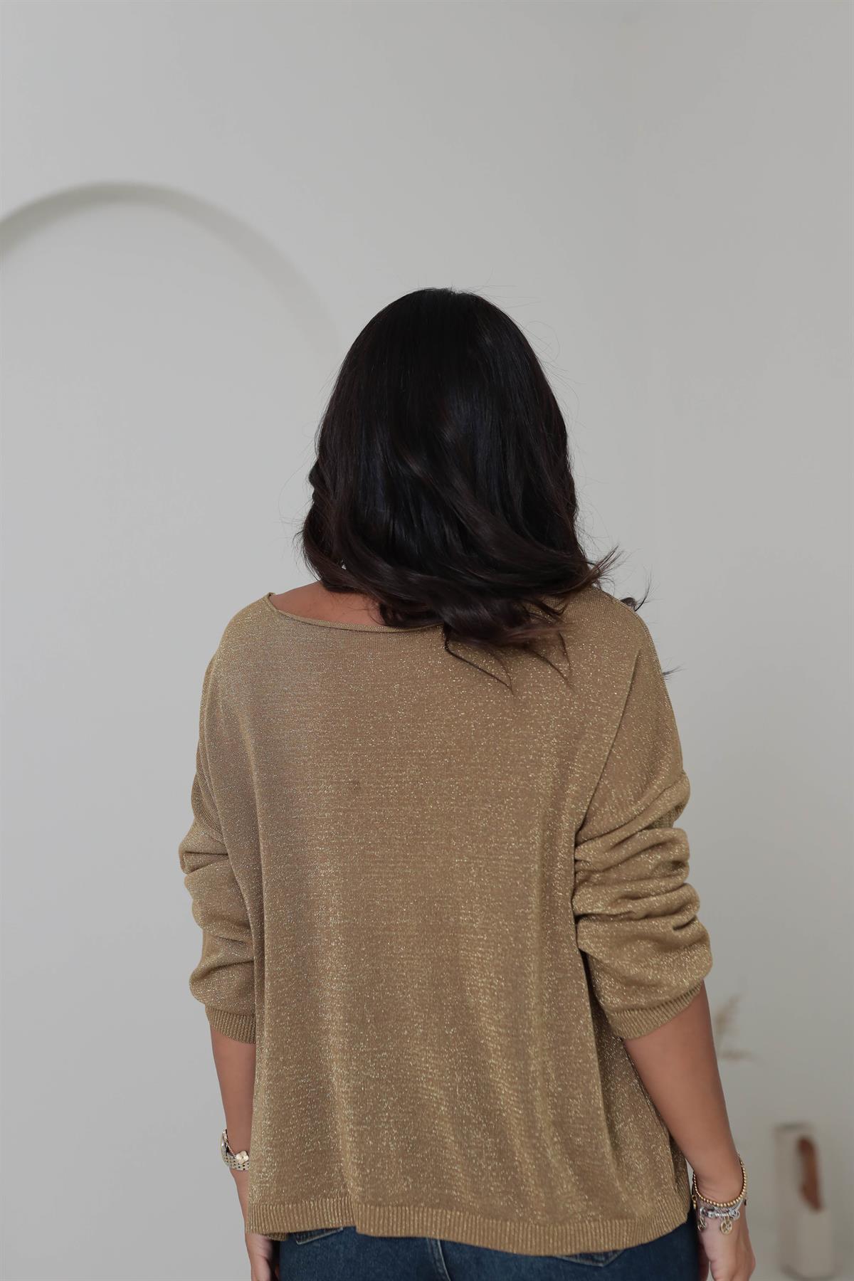 1092 Kayık Yaka Simli Triko Bluz GOLD