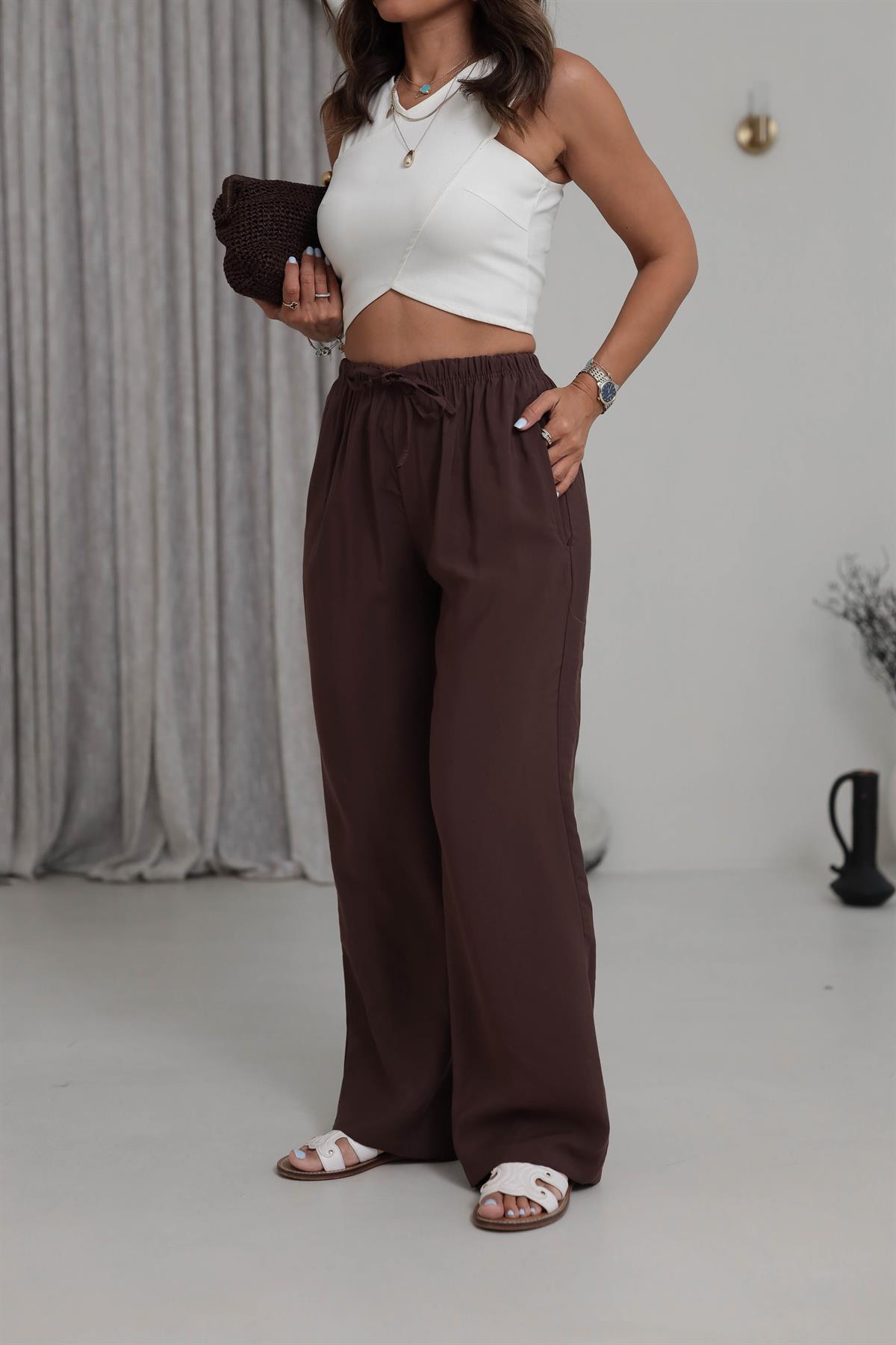 Beli Lastikli Bağcıklı Tencel Pantolon KAHVE