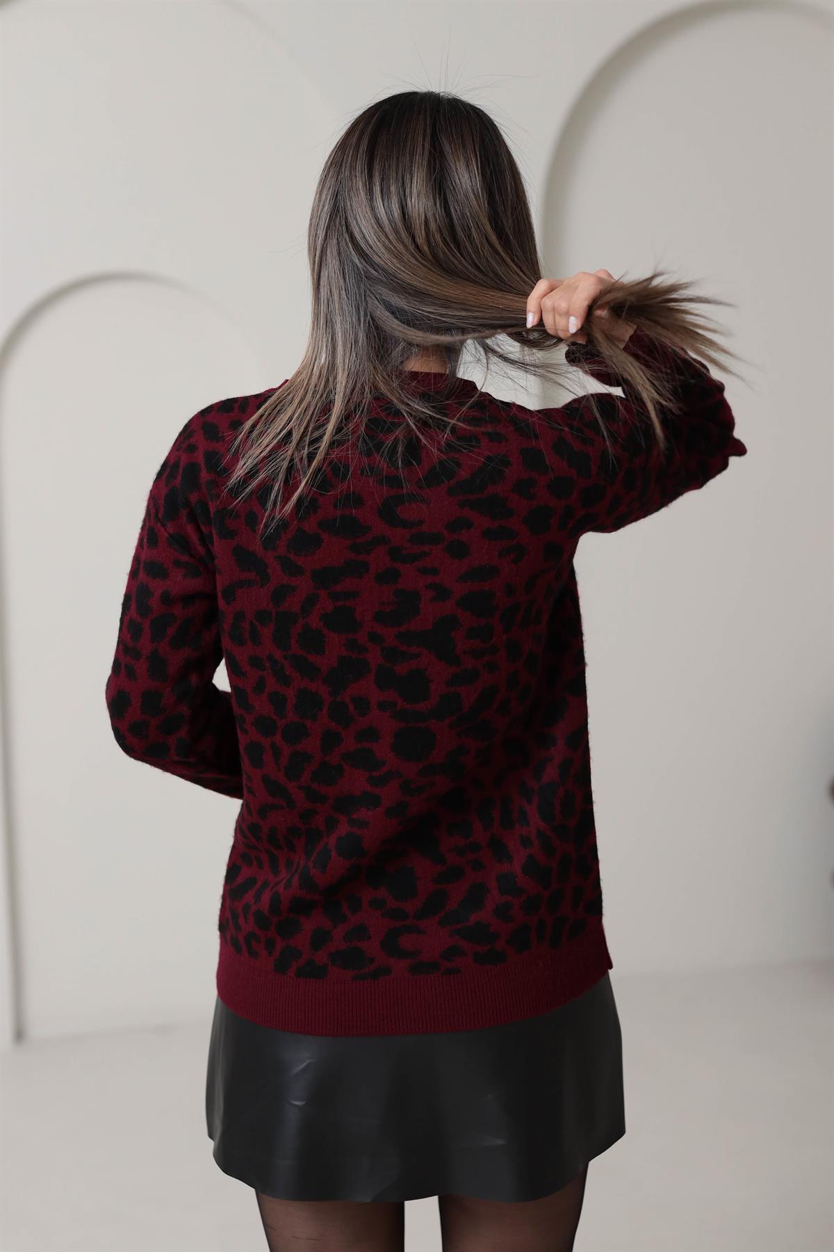 5216 Bisiklet Yaka Leopar Desen Triko BORDO