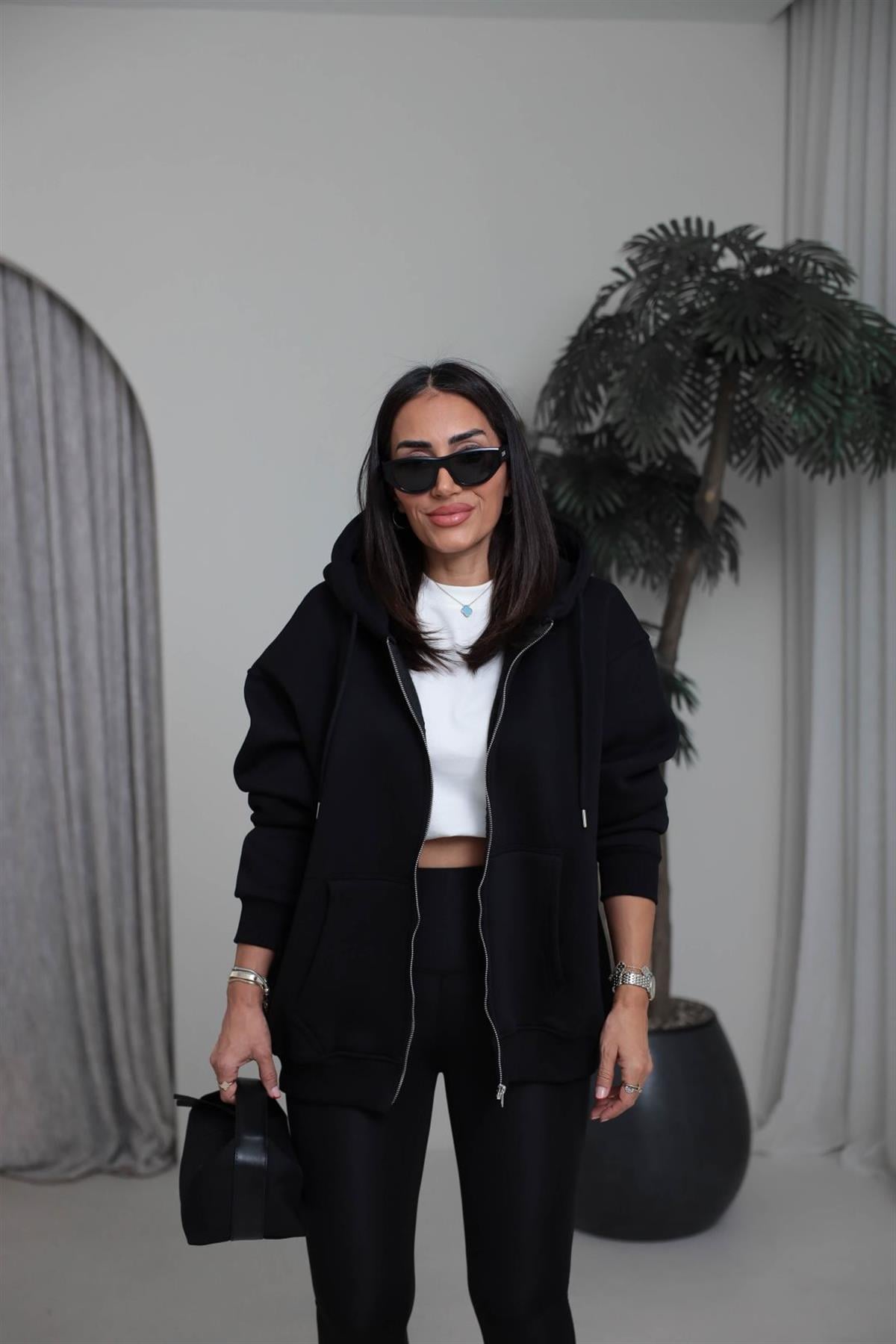 1003 3 İplik Şardonlu Kapşonlu Fermuarlı Ceket SİYAH