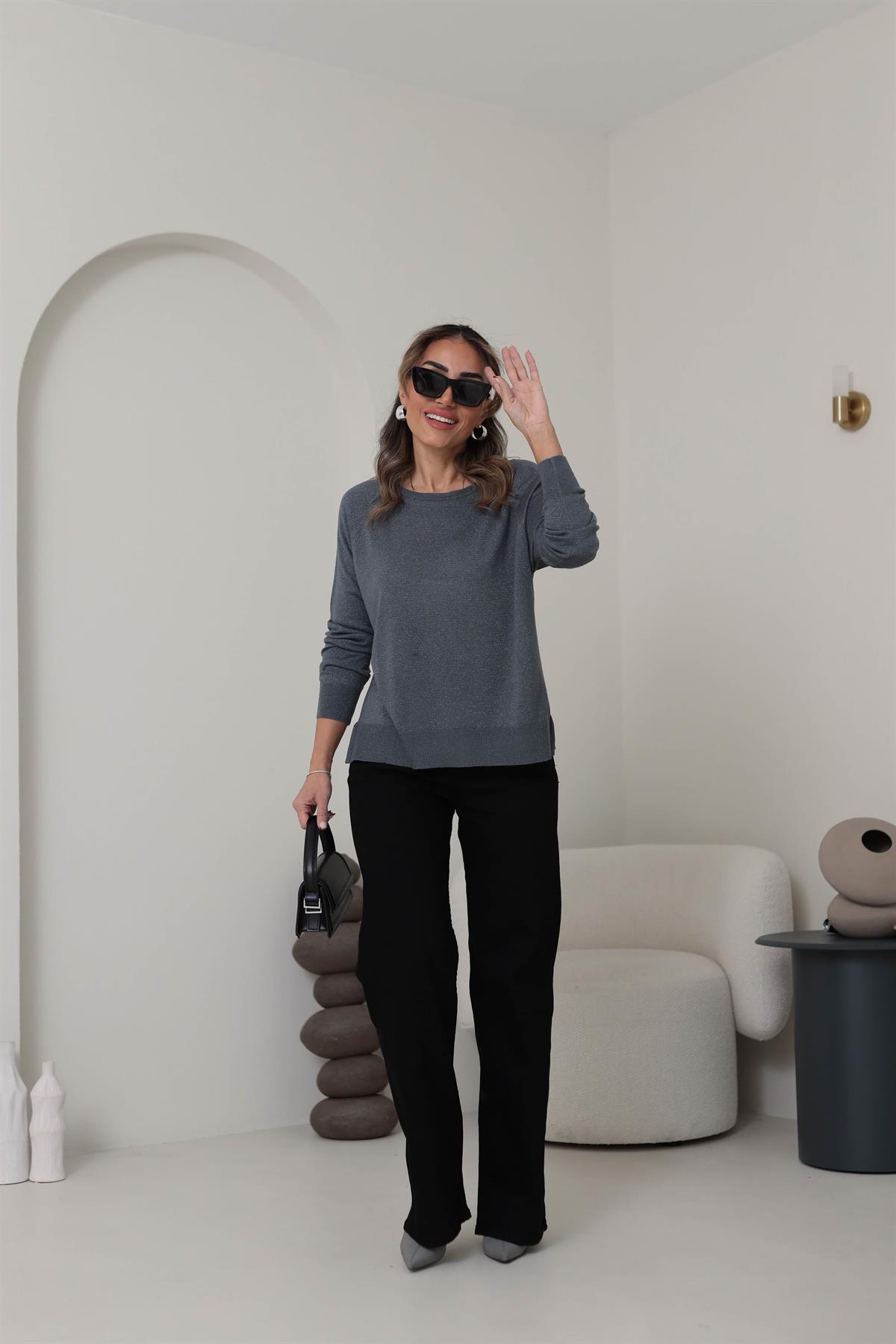 0557 Bisiklet Yaka Simli Basic İnce Triko FÜME