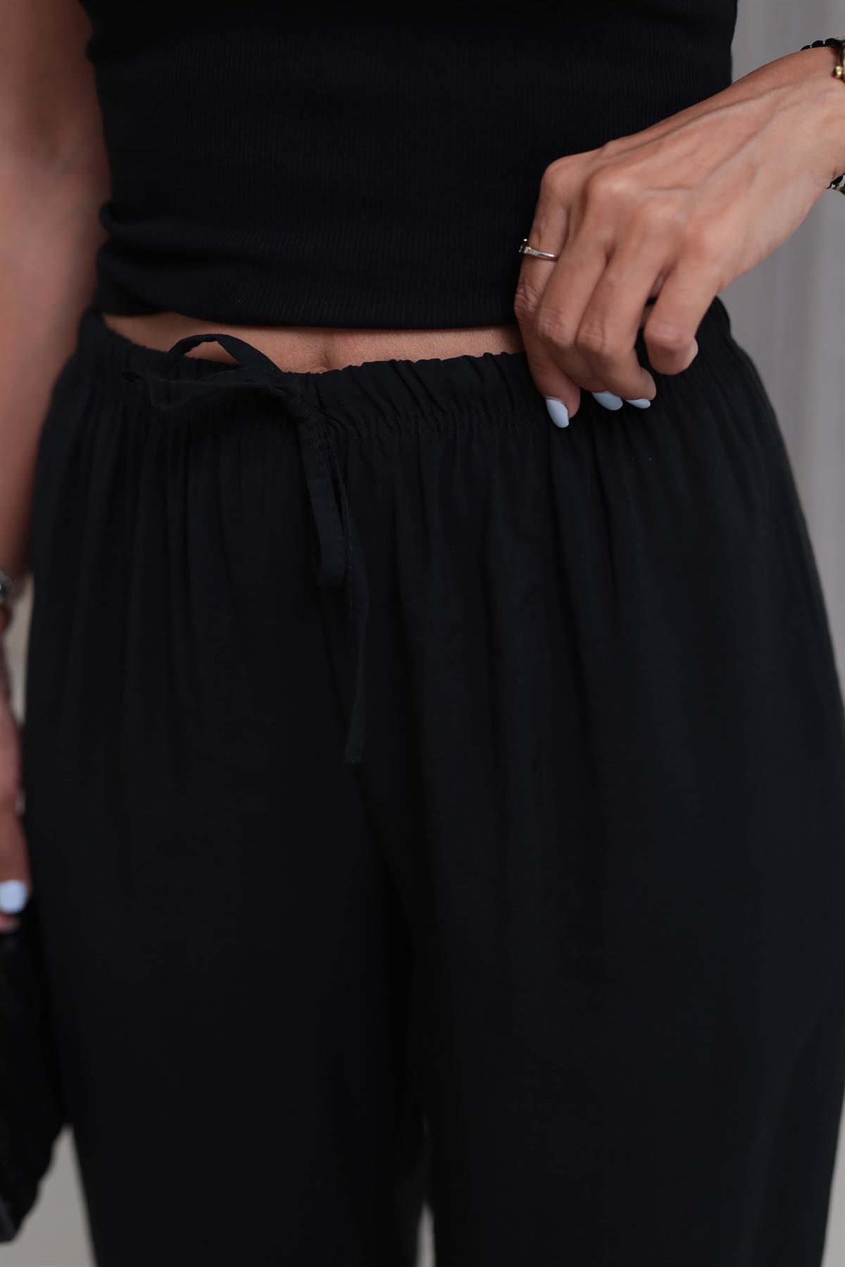 Beli Lastikli Bağcıklı Tencel Pantolon SİYAH