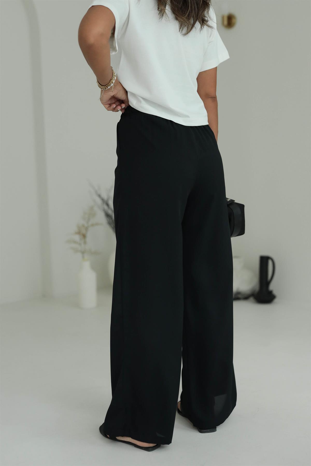 8779 Beli Lastikli Bol Paça Pantolon SİYAH