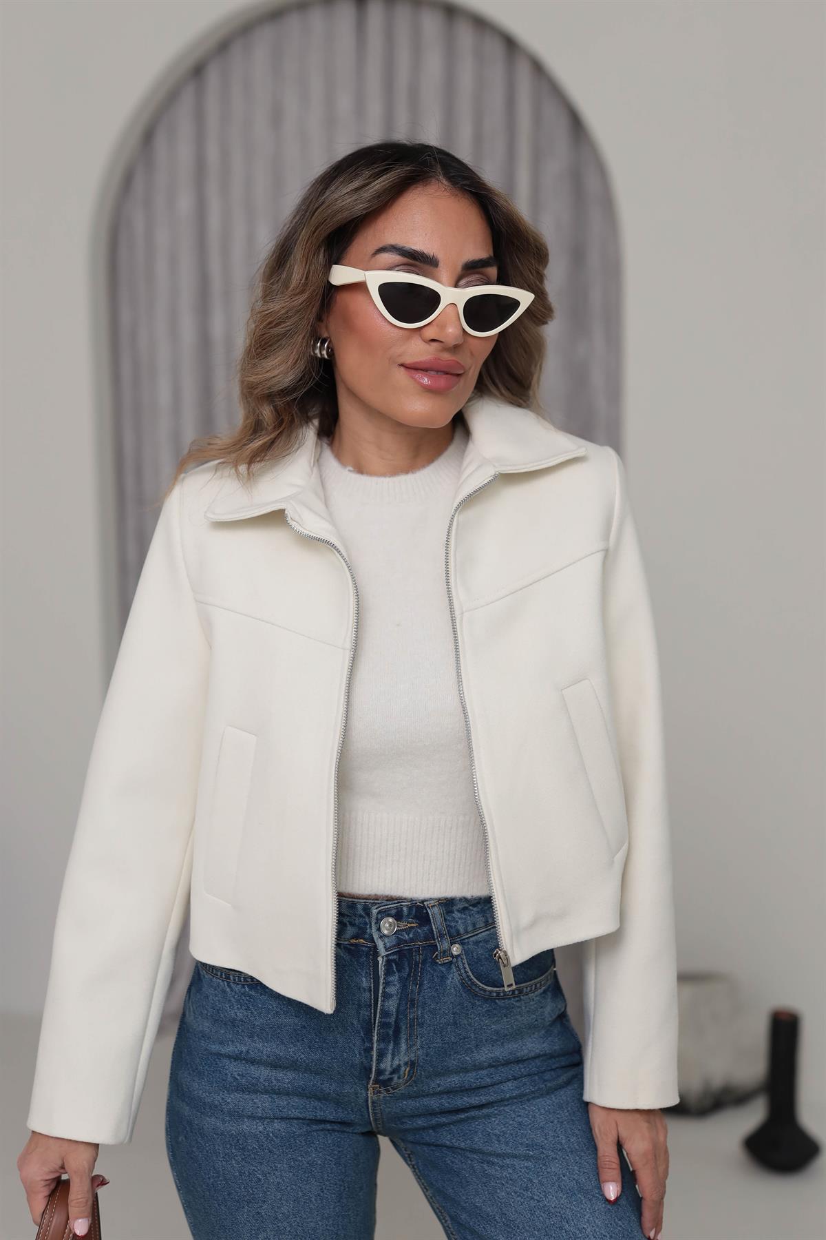 0169 Fermuarlı Za Model Kaşe Ceket EKRU