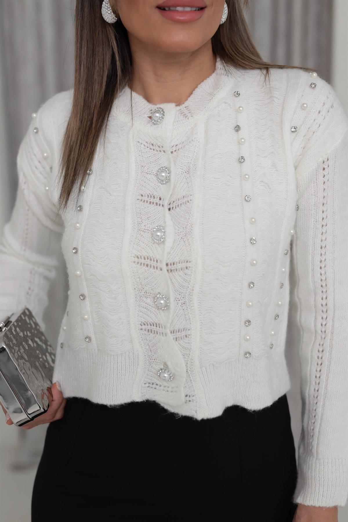 0122 Taş ve İnci Detaylı Hırka EKRU