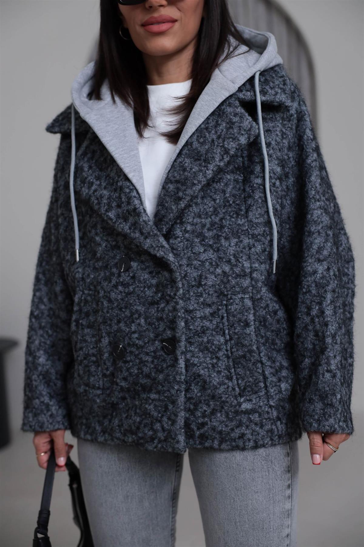 9690 Kapşon Detaylı Buklet Kaban GRİ-GRİ