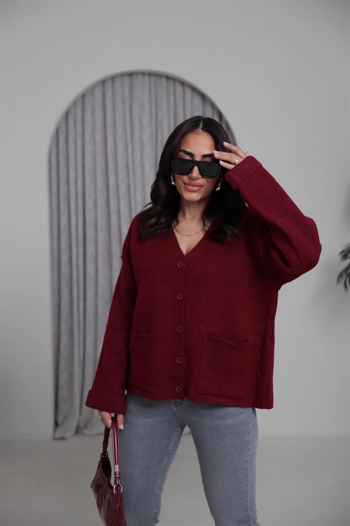 5231 Cepli Ters Dikiş Detaylı Hırka BORDO