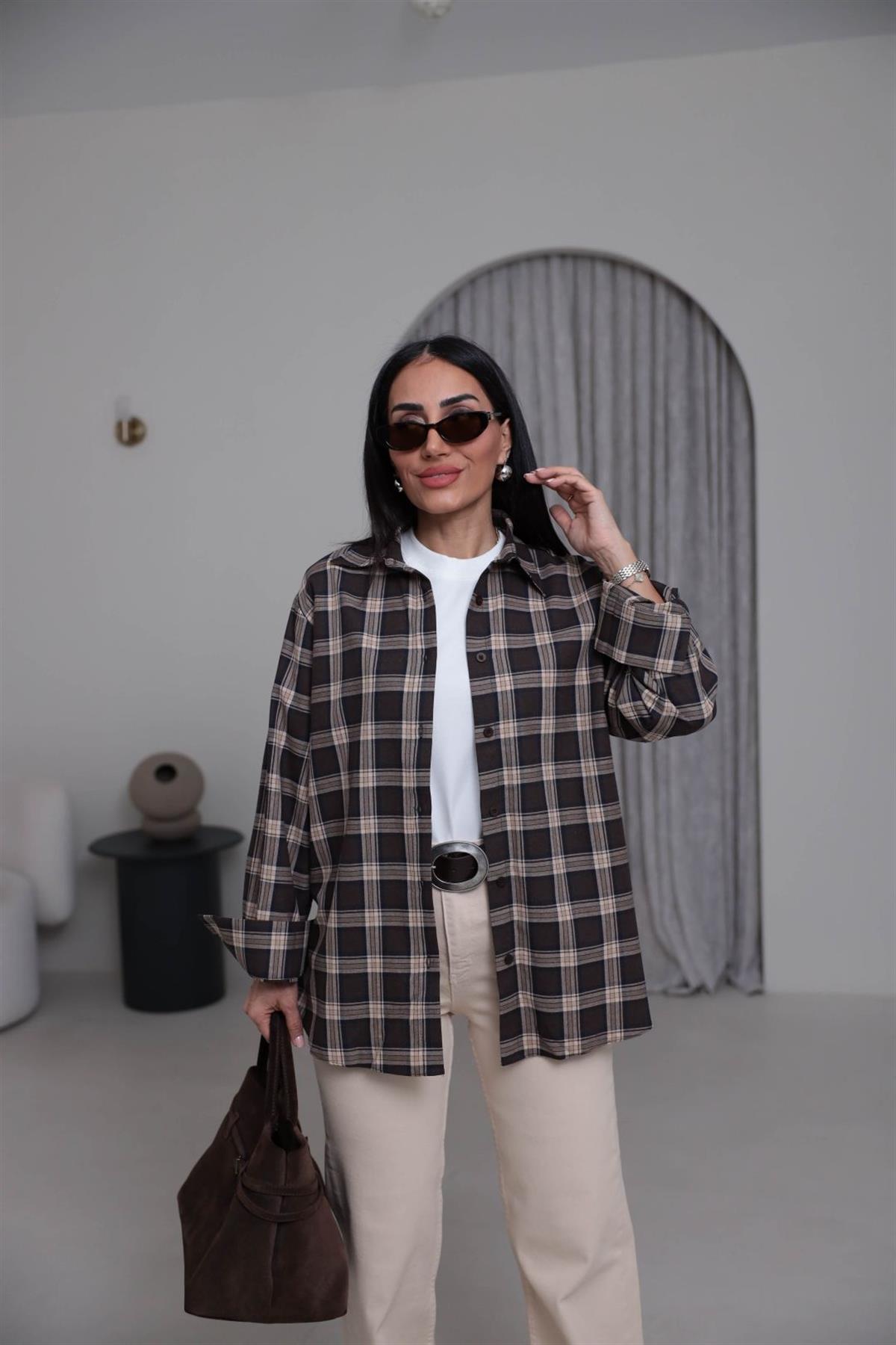7124 Ekose Desen Pamuklu Oversize Gömlek KAHVE