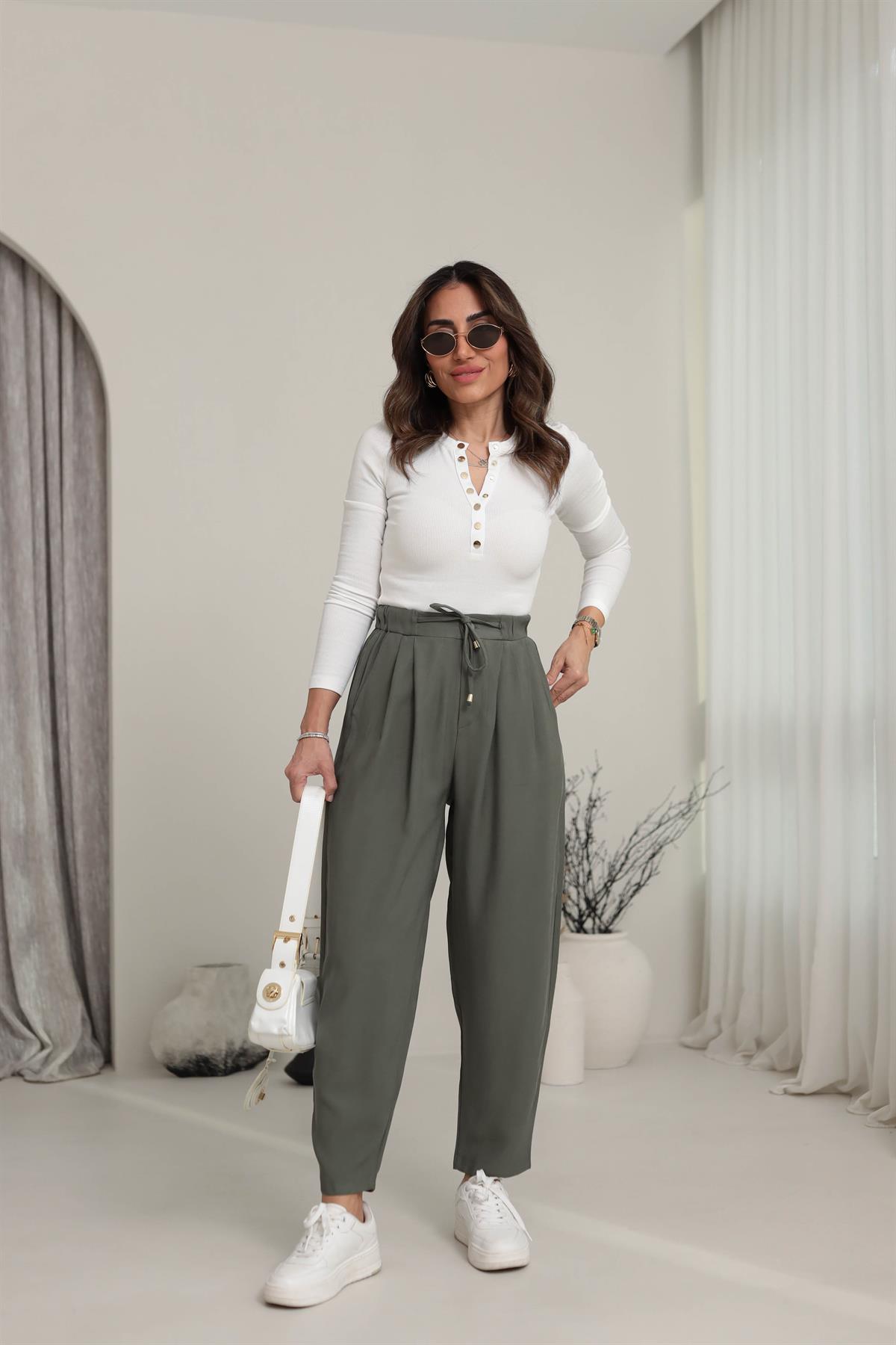 0266 Önden Bağcıklı Tencel Kumaş Havuç Pantalon KOYU YEŞİL