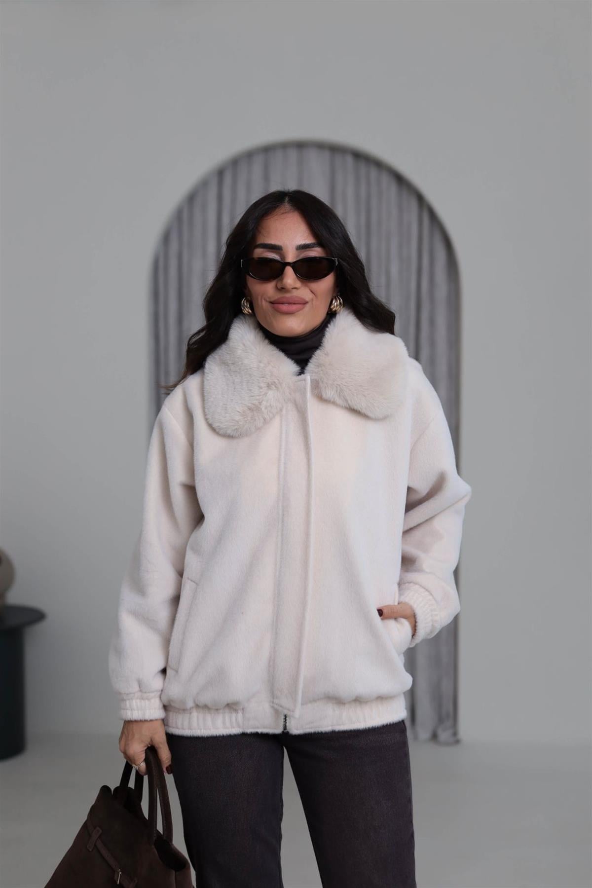0099 Yaka Kürklü Alpaka Kaban EKRU