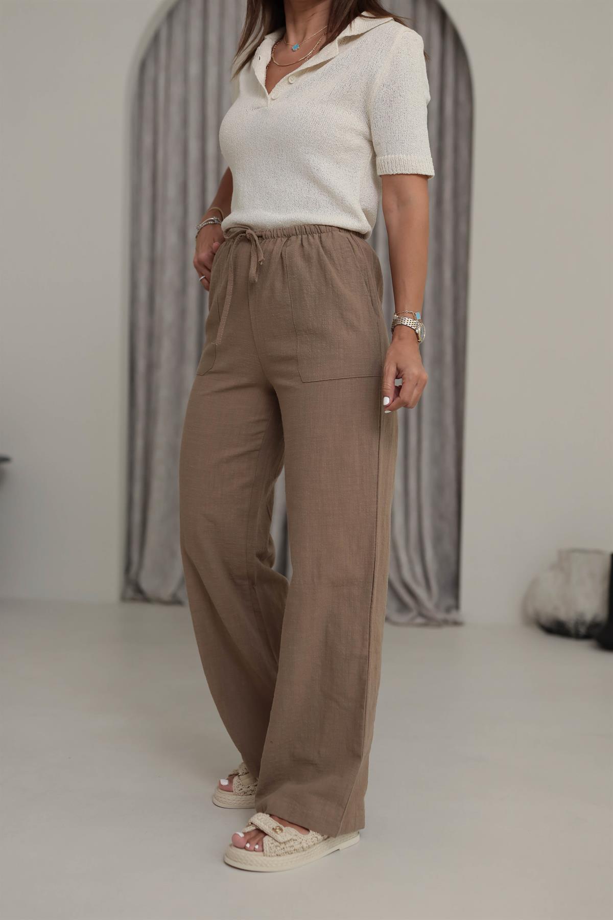1646 Keten Kordonlu Pantolon CAMEL