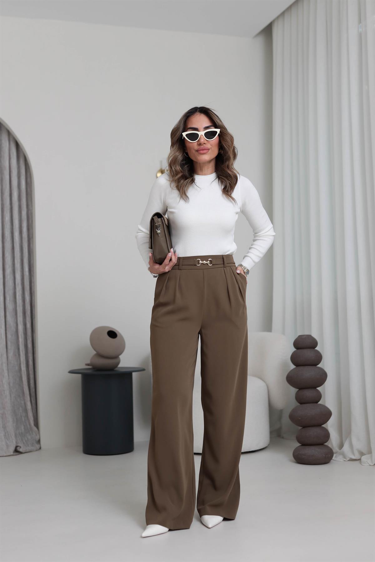 3704 Gold Aksesuarlı Bel Lastikli Salaş Pantolon HAKİ YEŞİL