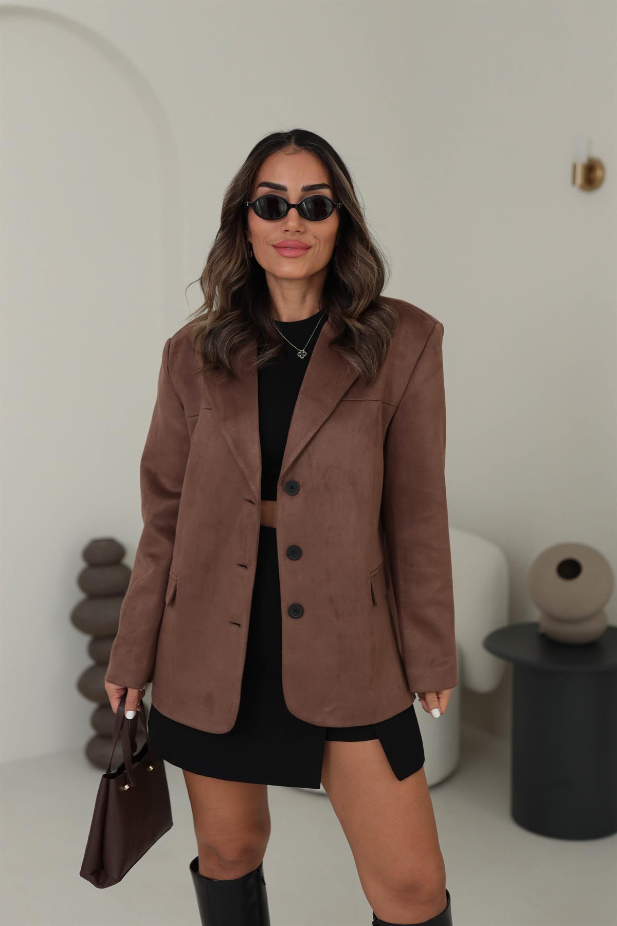 8022 Süet Kumaş Blazer Ceket KAHVE
