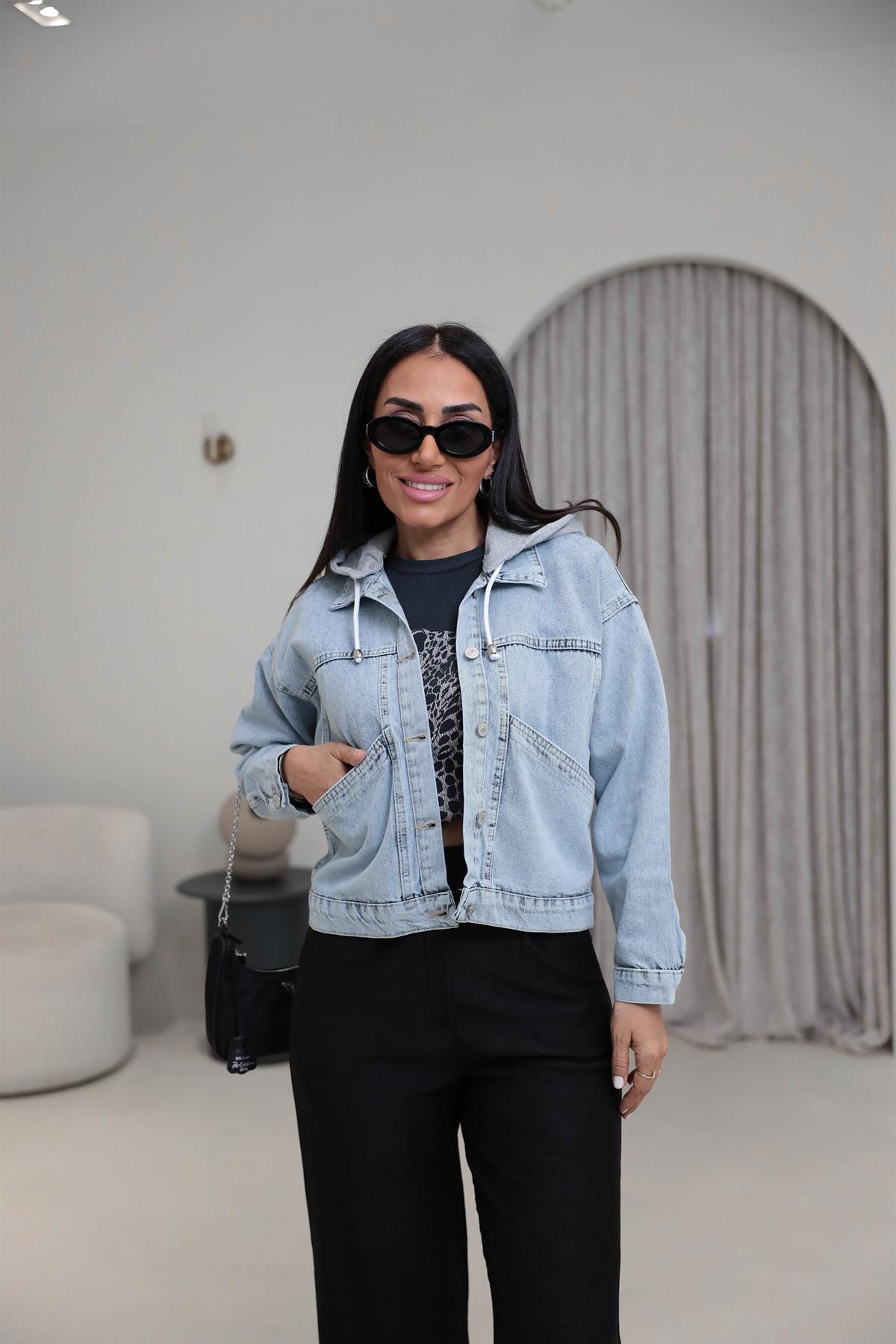 5039 Penye Kapüşonlu Kot Ceket BUZ MAVİ