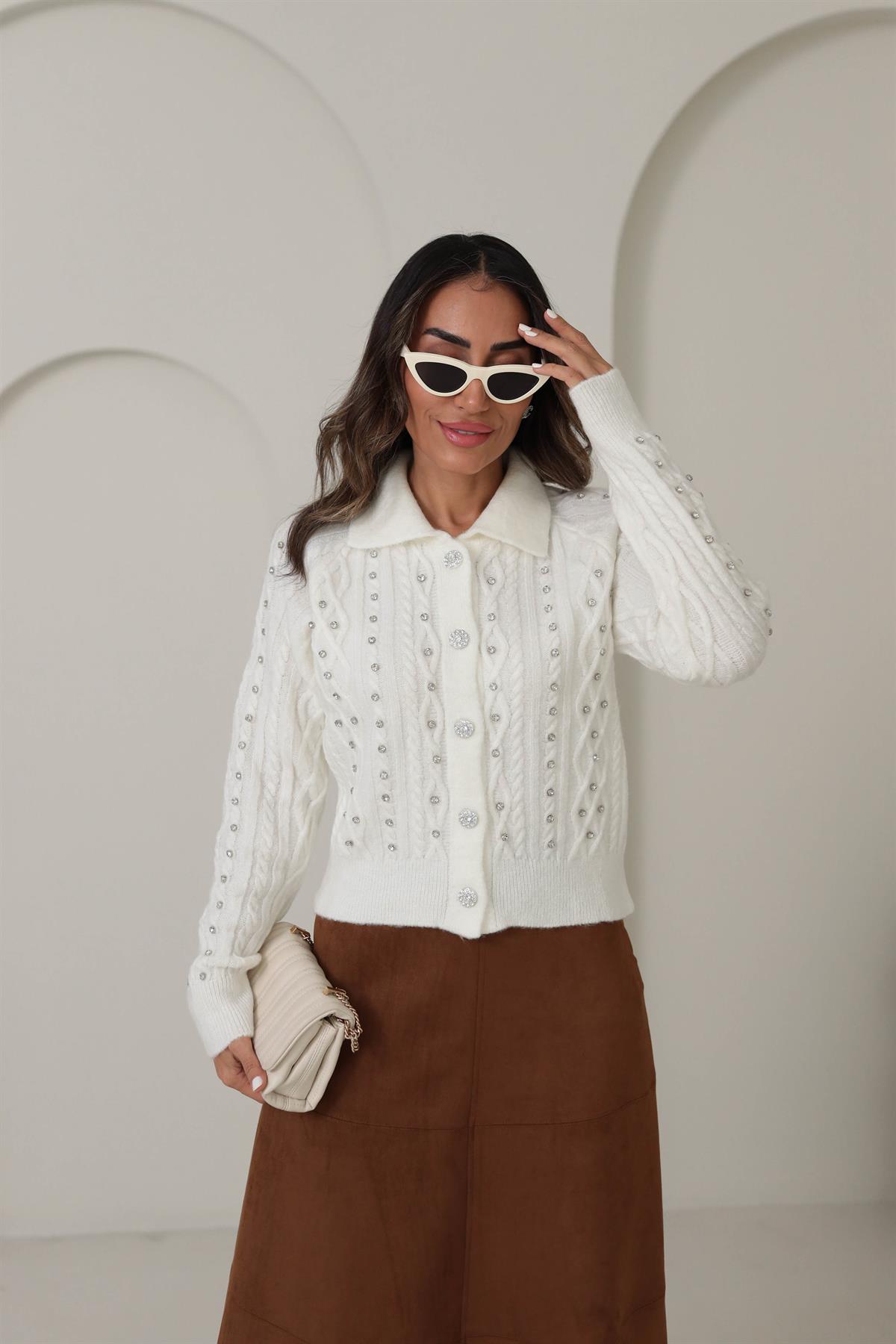 020 Taş İşlemeli Saç Örgülü Hırka