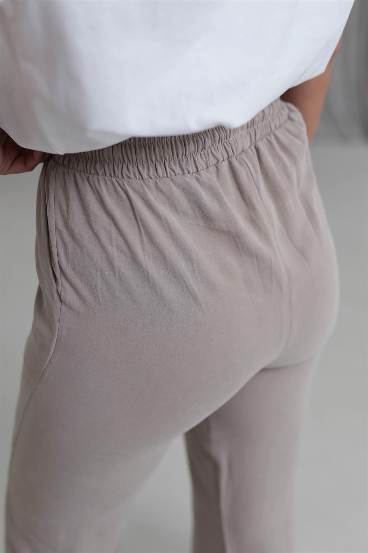 Paça Yırtmaçlı Bel Lastikli Tencel Pantolon BEJ