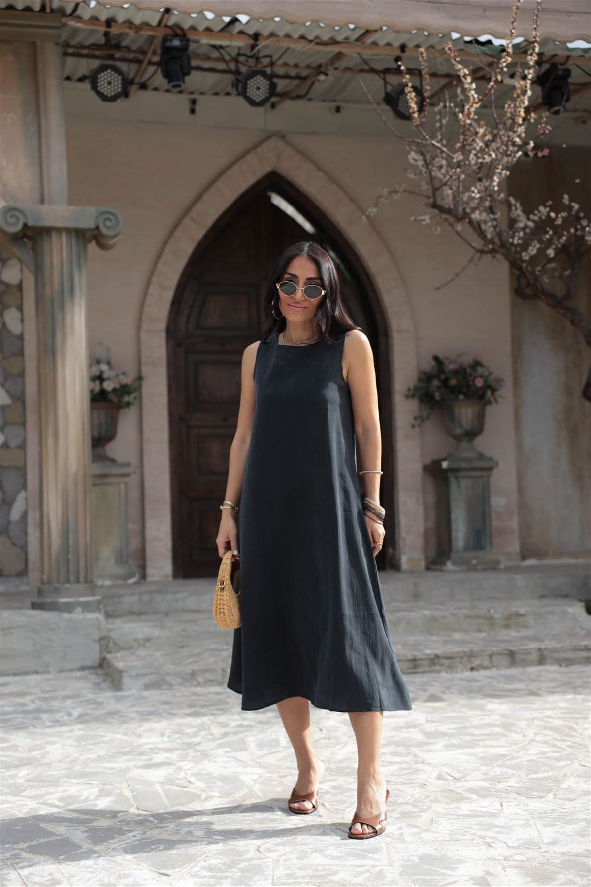 5007 Sıfır Kol Tencel Uzun Elbise FÜME