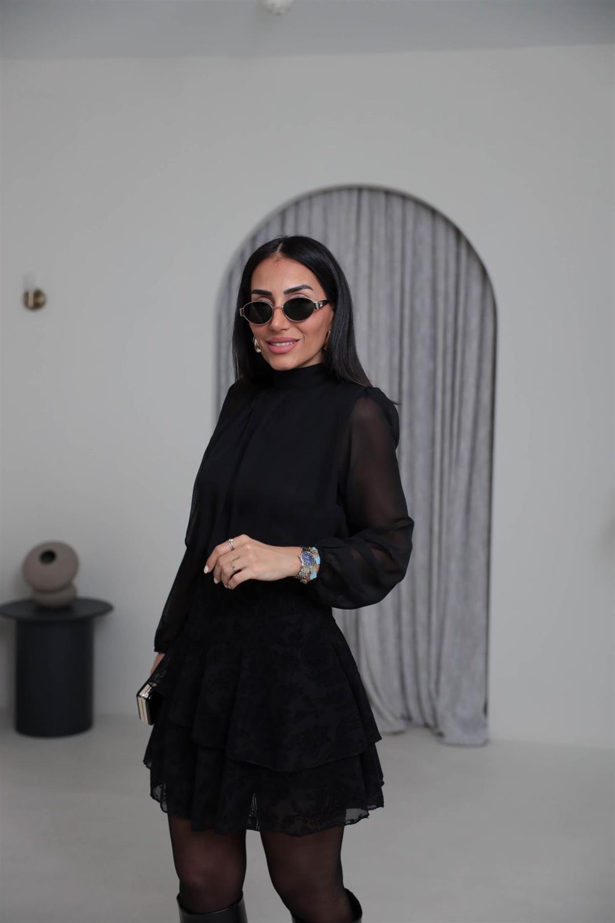 3863 Eteği Flok Baskı Katlı Elbise SİYAH