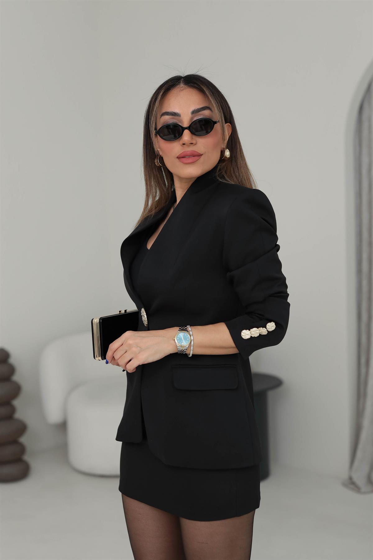 1171 Hakim Yaka Gold Düğme Detaylı Blazer Ceket SİYAH