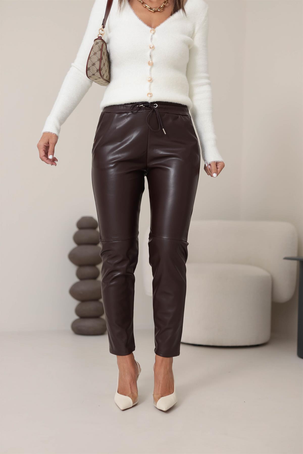 2022 Beli Lastikli Çimalı Deri Pantolon KAHVE