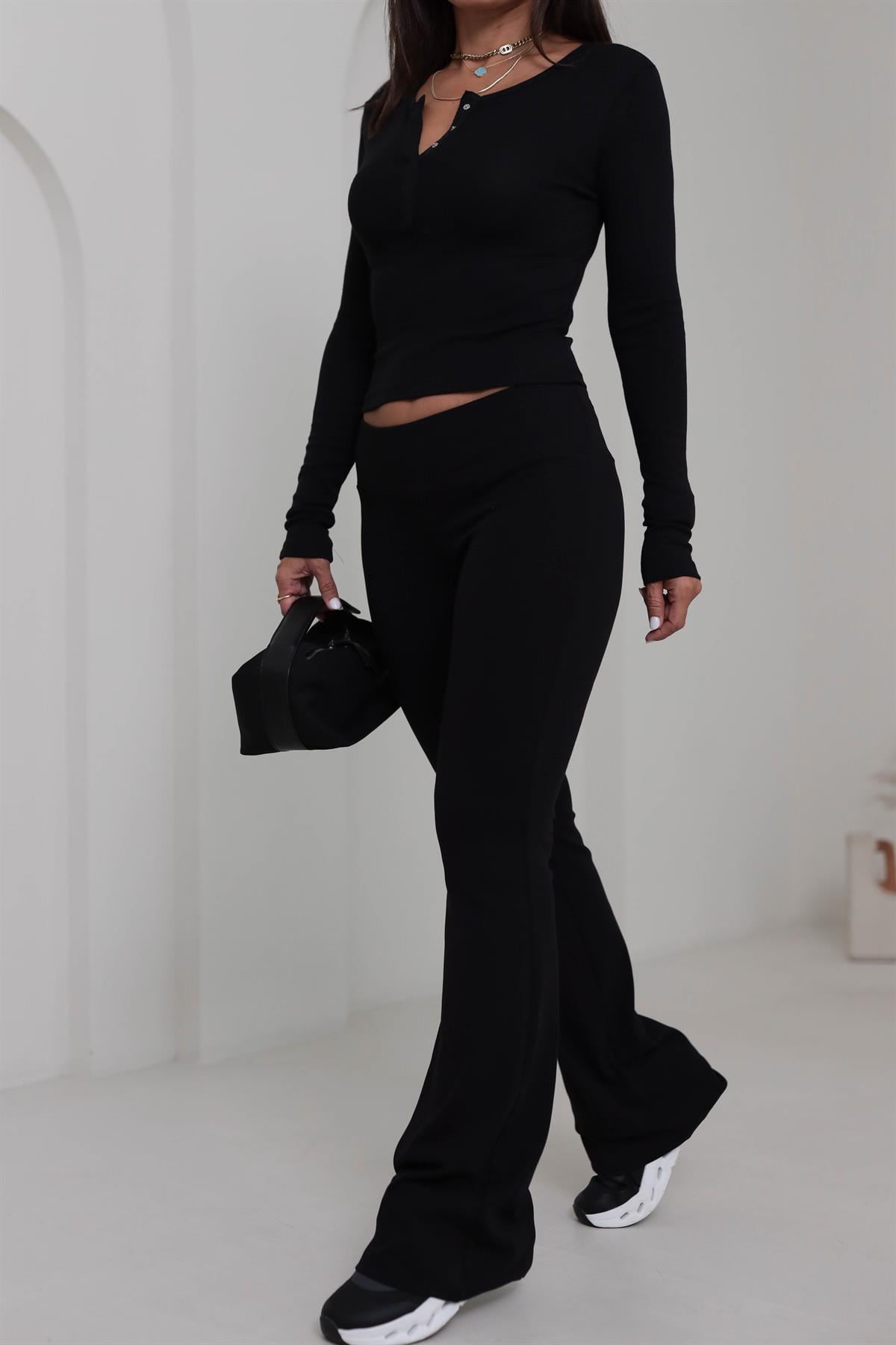 7064 Geniş Kemerli İspanyol Paça Flare Pantolon SİYAH