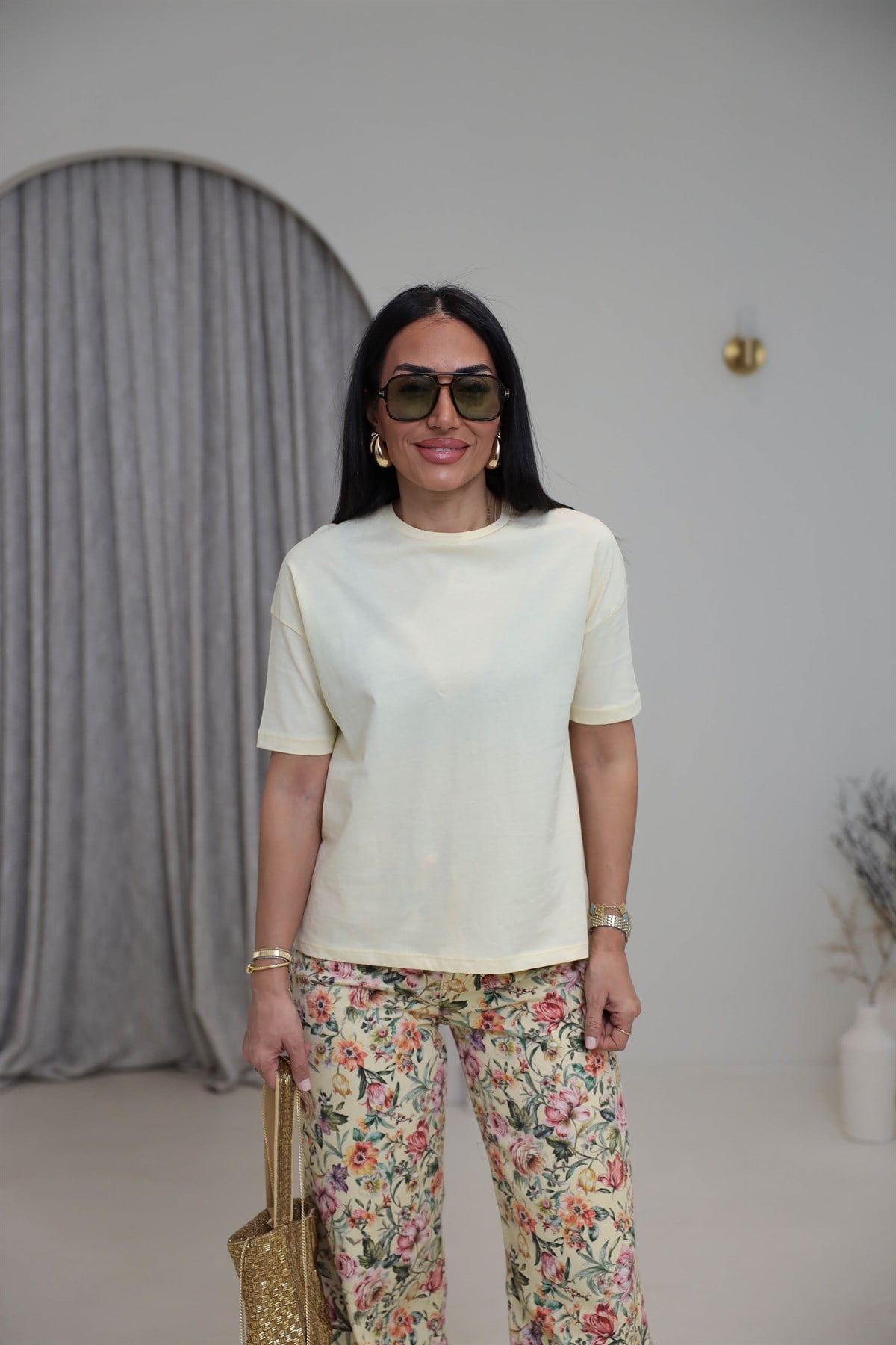 3683Y Bisiklet Yaka Pamuklu Basic Tshirt SARI