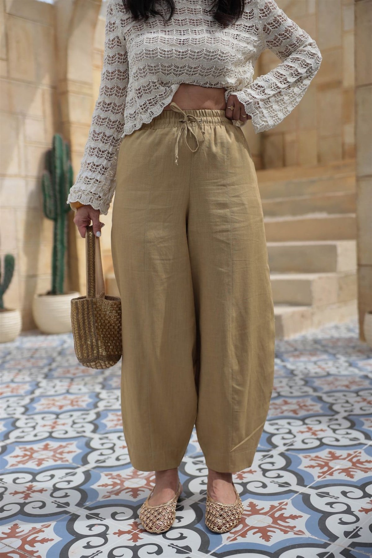 7571 Beli Lastikli Havuç Pantolon OLİVE