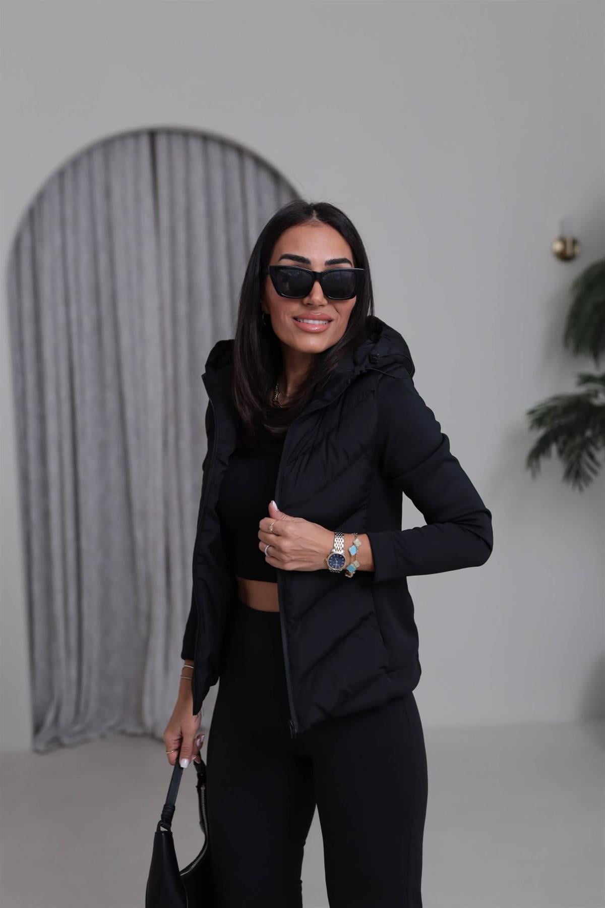 118 Kapşonlu Fermuarlı Hybrid Mont SİYAH