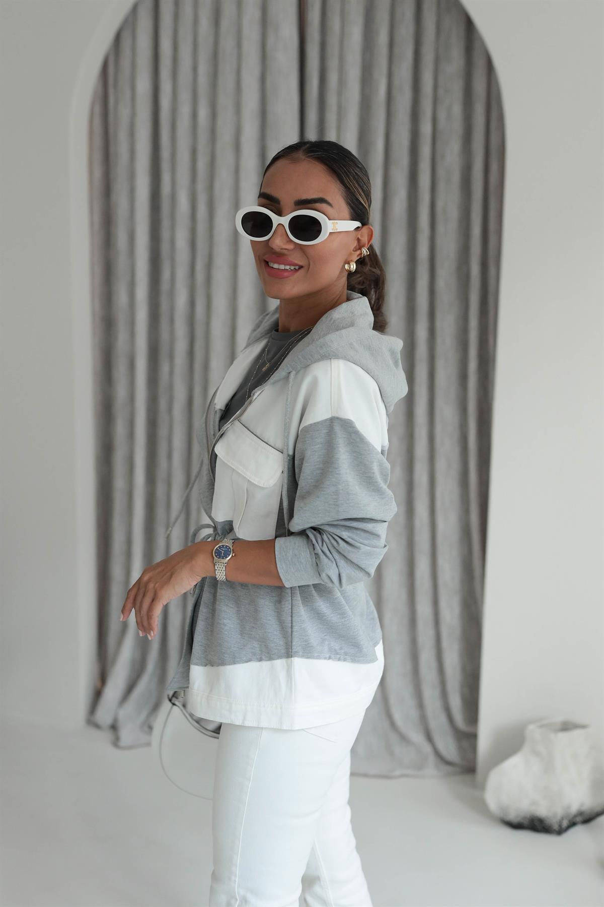 5207 Kumaş Garnili Kapşonlu Fermuarlı Ceket