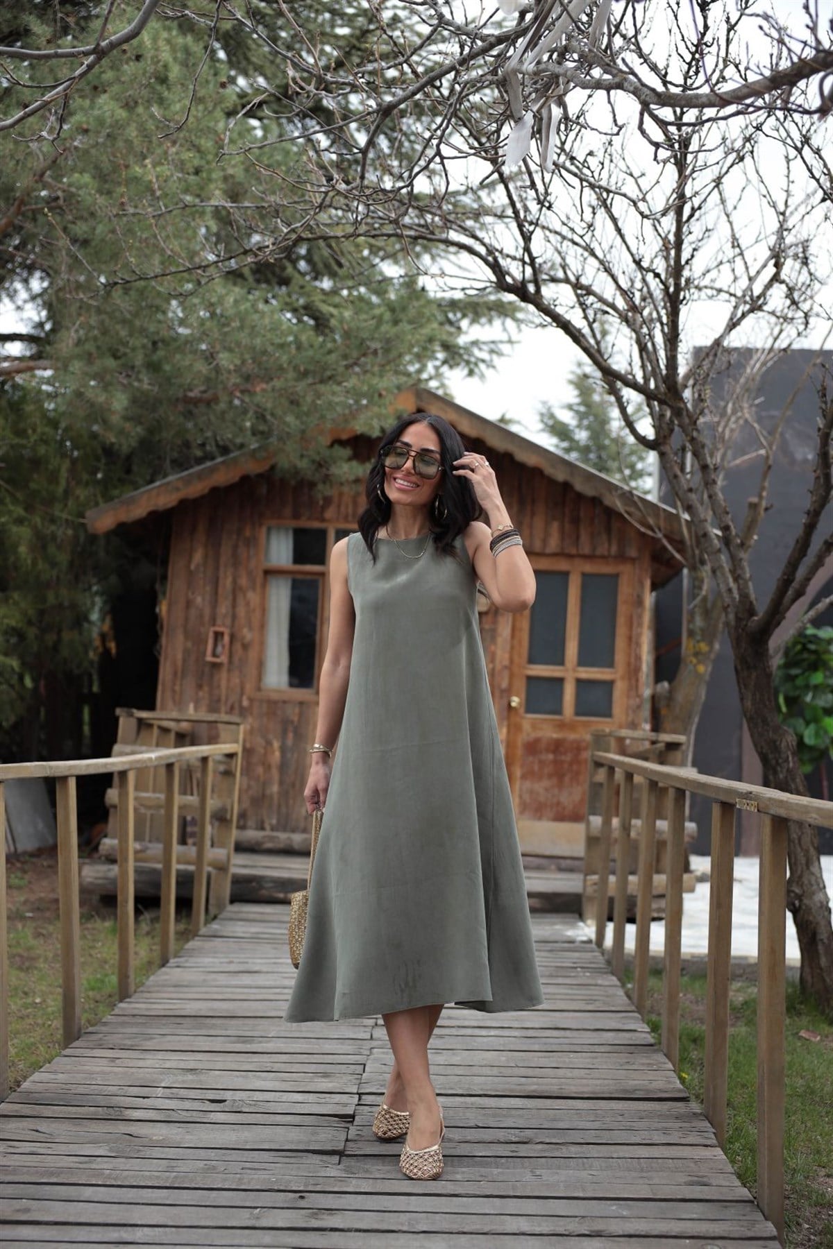 5007 Sıfır Kol Tencel Uzun Elbise HAKİ YEŞİL