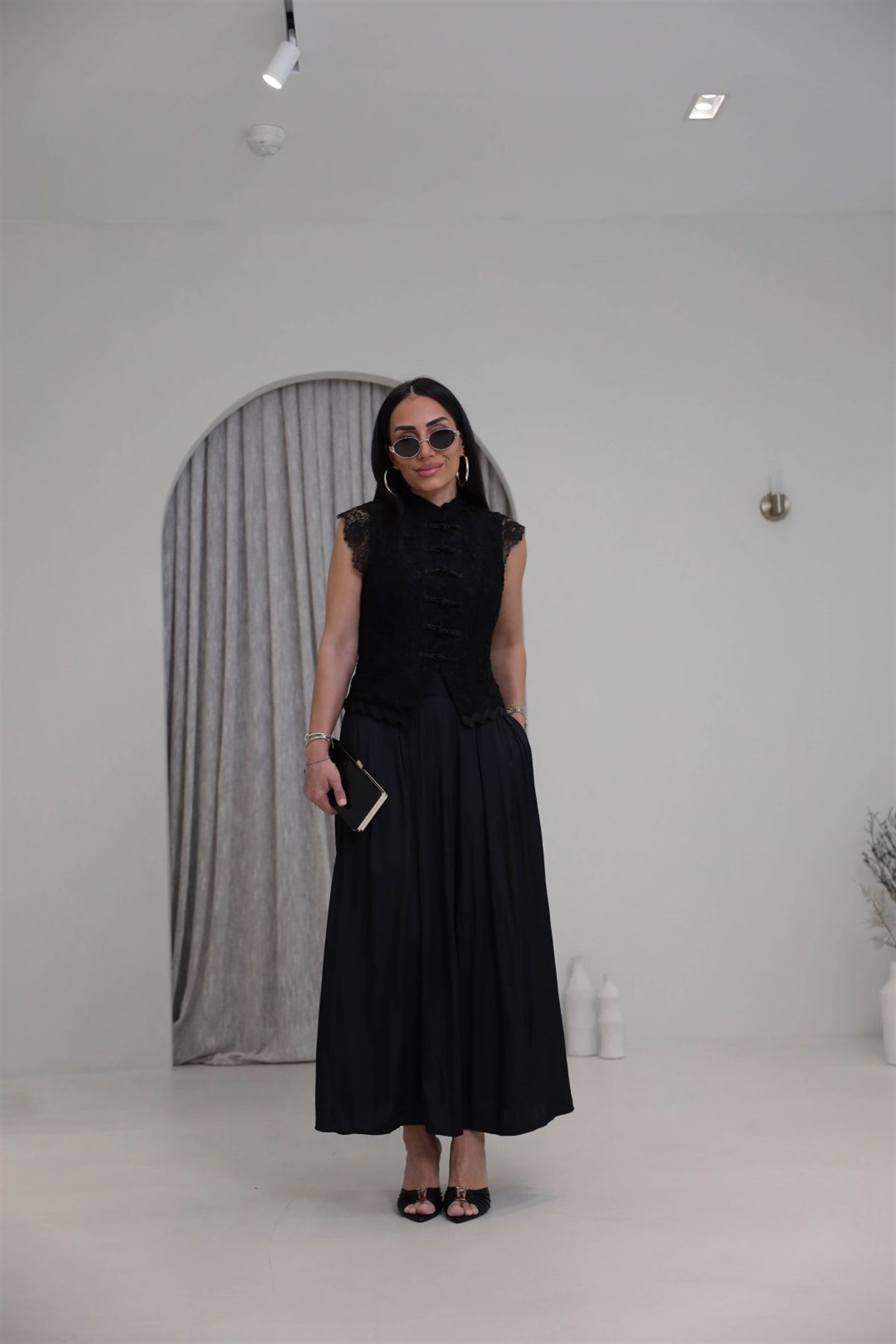 8120 Pileli Maxi Tok Saten Etek SİYAH