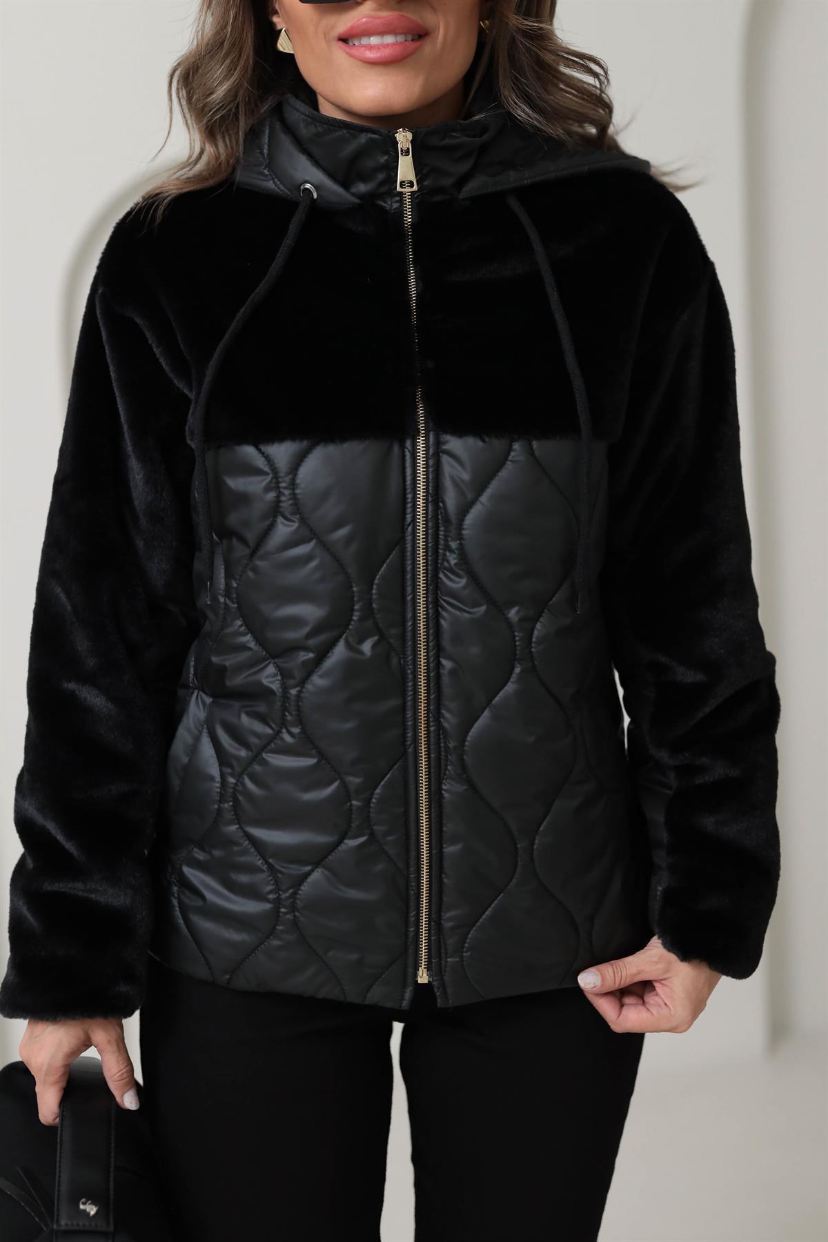 M09 Kürk Garnili Kapşonlu Kapitone Mont SİYAH