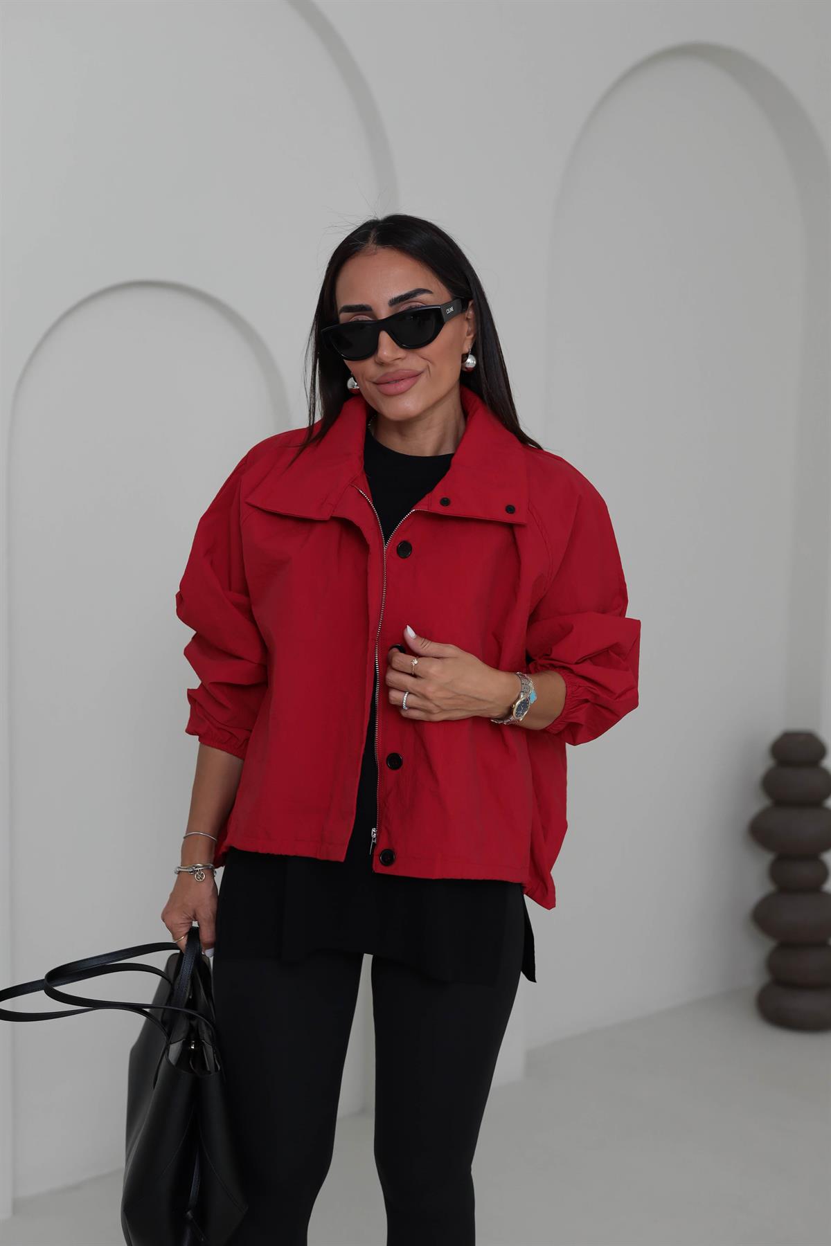6721 Dik Yaka Düğmeli Fermuarlı Bomber Ceket KIRMIZI