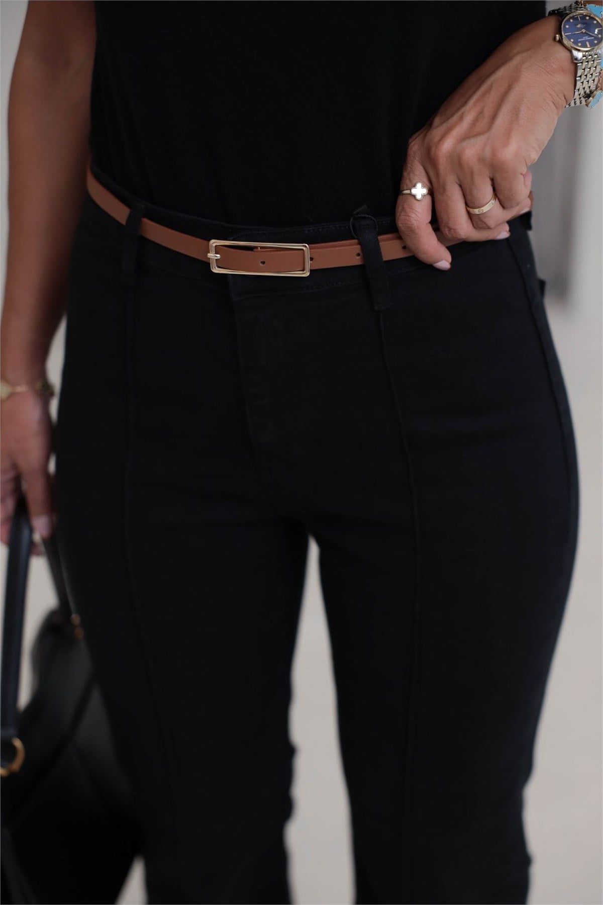 2628 Kemerli Önü Çimalı Denim Pantolon SİYAH