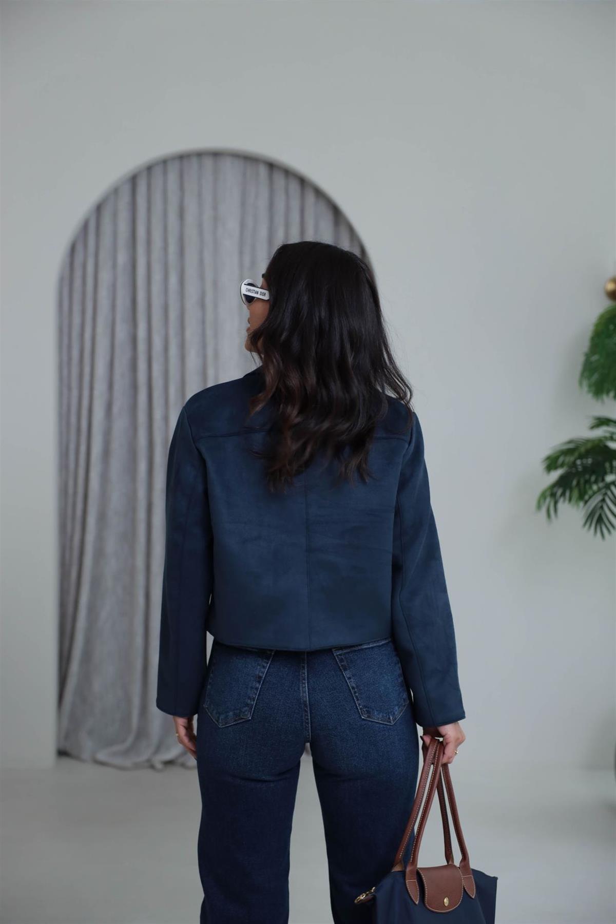 0208  Cep Detaylı Kısa Süet Ceket LACİVERT