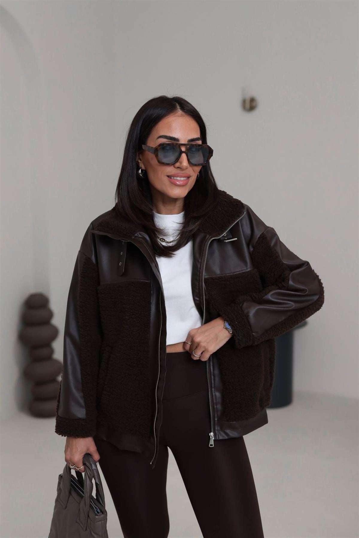 2631 Deri Garnili Kemer Detaylı Teddy Mont ACI KAHVE