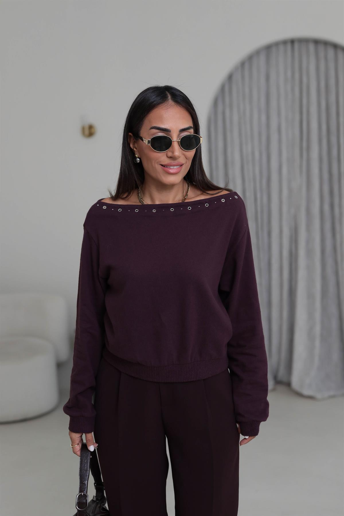 Kayık Yaka Kuşgözü Detay Orj Yumoş Bluz MÜRDÜM