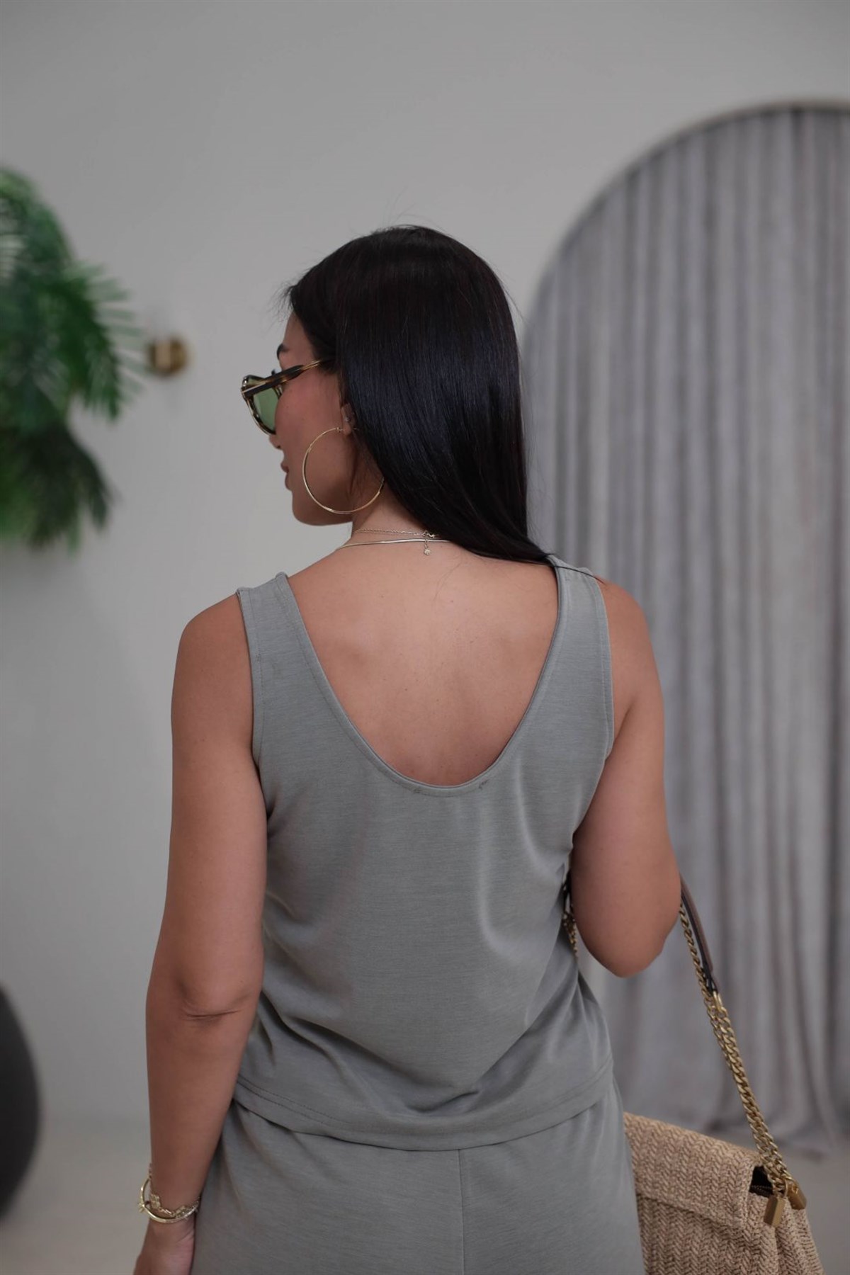 2464 Kalın Askılı Şortlu Tencel Takım HAKİ YEŞİL