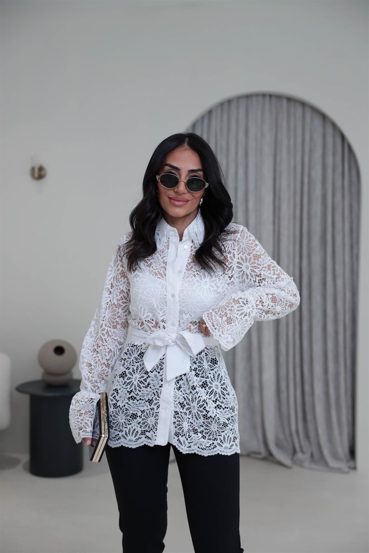 3152 Kuşaklı Dantel Gömlek BEYAZ
