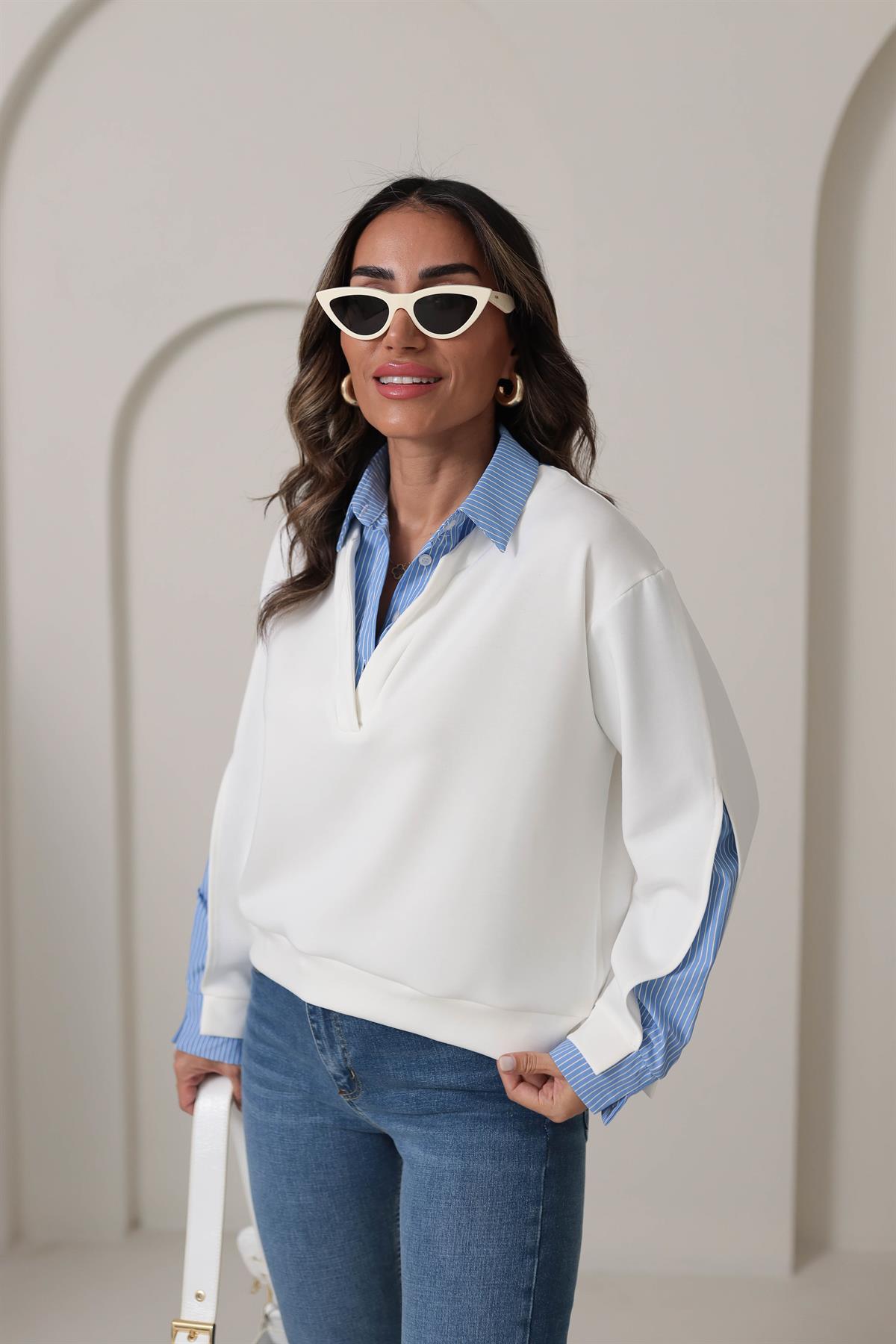 2900 Gömlek Yaka Mixli Poplin Modal Sweatshirt