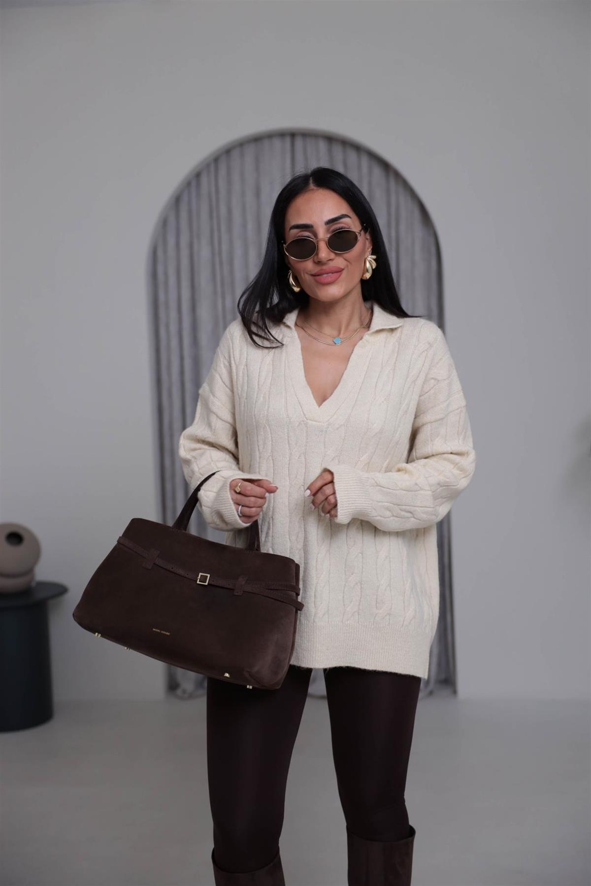 0736 V Yaka Saç Örgü Uzun Kazak KREM