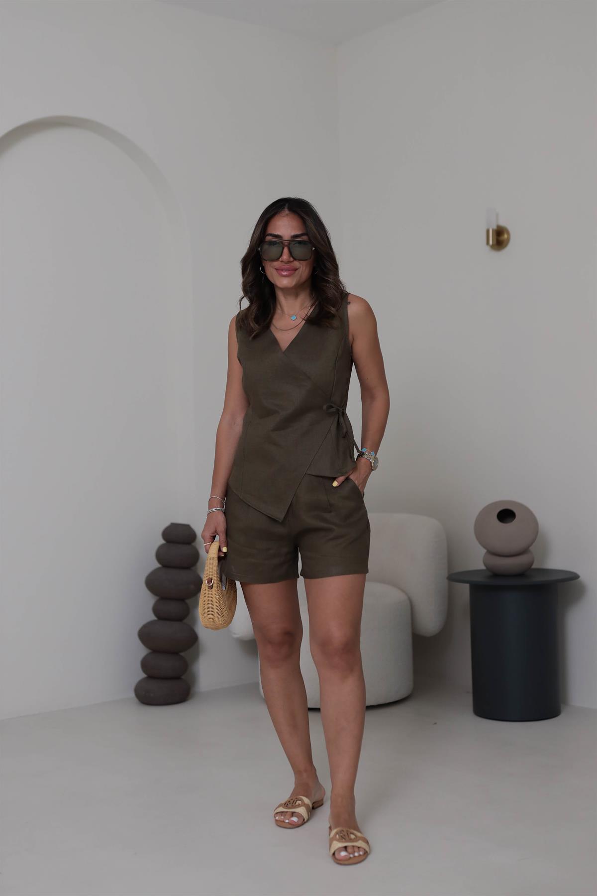 4085 Yelekli Keten Şort Takım HAKİ YEŞİL